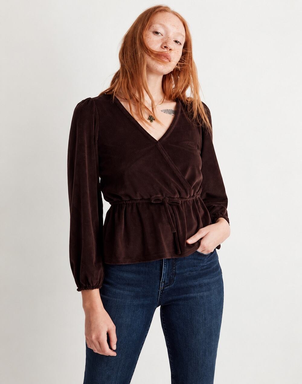 Madewell Corduroy Tie-Front Faux-Wrap Top Spiced Raisin Extra Large XL